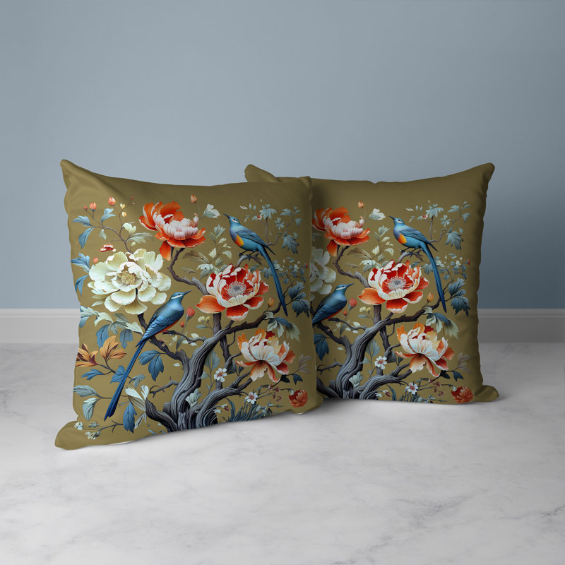 Botanical Bird Reversible Square Throw Pillow in Blue and Orange