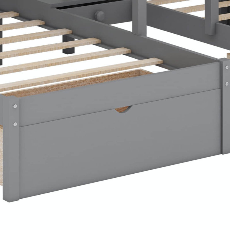 Lit superposé double au-dessus de simple et double, construit avec des sections de rangement, Gris