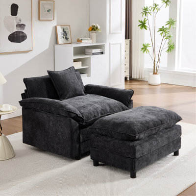 Fauteuil d'appoint rembourré en chenille 44,5 po avec repose-pieds 44,5 po, fauteuil de lecture pour chambre à coucher, chenille noire