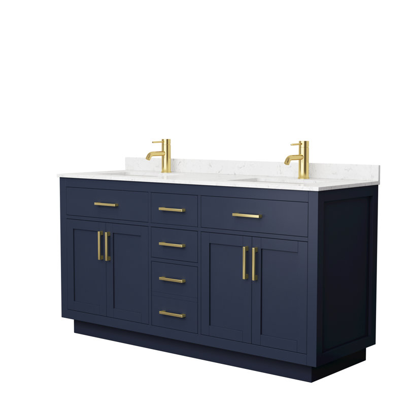 Beckett TK 66'' W Double Vanity, Dark Blue, Carrara Cultured Marble, Brushed Gold