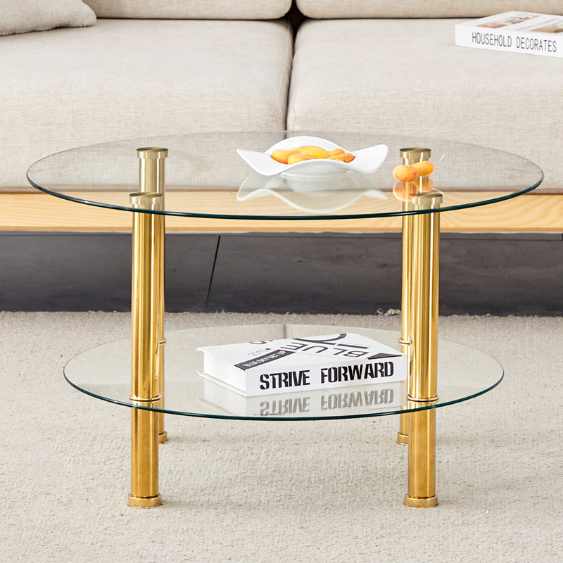 Minimalist Double Layer Tempered Glass Table, 27.5" & 23.6" Tops, Gold Legs, Storage Space Fashionable Clear Coffee Golden Slip Feature