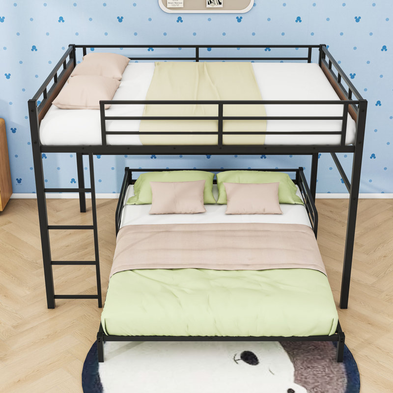 Metal Bunk Bed With Easy Convertibility And Ladder, Queen Over Queen, Walnut