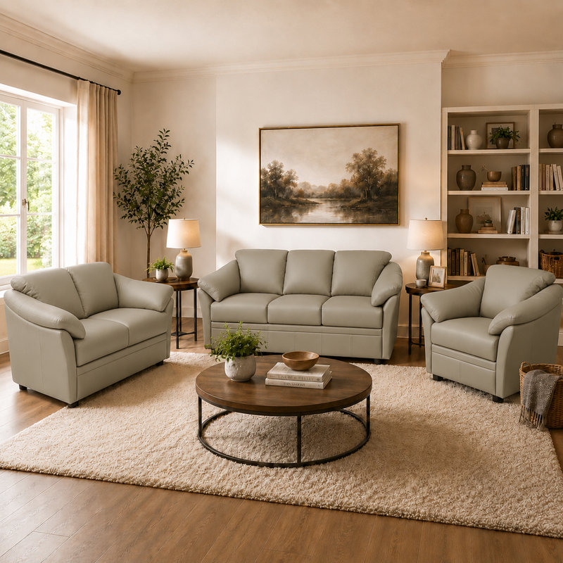 Ensemble de canapés en cuir Ramdev, Cuir véritable gris clair, Canapé, causeuse, fauteuil