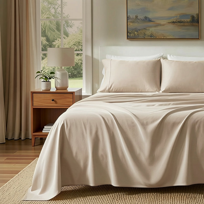 Ensemble de draps 100% coton égyptien 400 fils Threadmill, Beige, Ensemble de draps pour grand lit avec 2 taies d'or