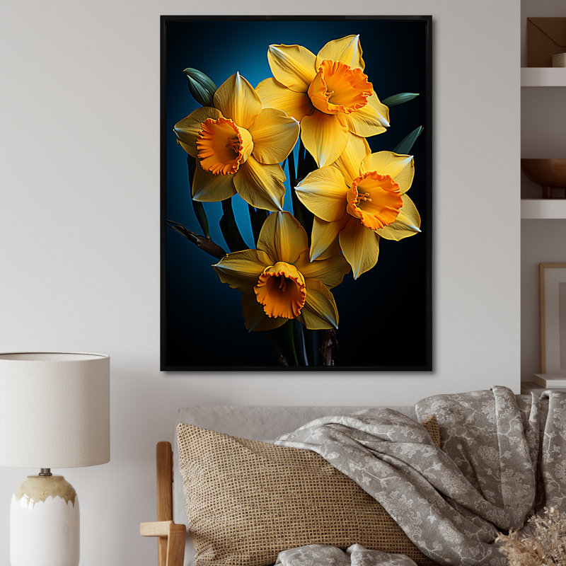 " Yellow And Orange Daffodil Bloom Dance ", 32" H x 24" W x 1" D, Black Floater Framed