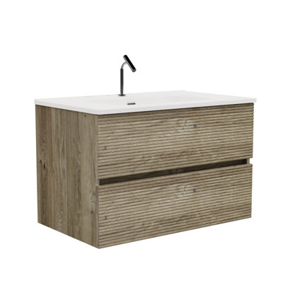 30" Wall - Mounted Rough Oak Bathroom Vanity, Integrated Ceramic Basin, 20% Storage Increase, Soft Closing Runners, Handle Appearance, E1 Innovative Boards Modern Vanity In Oak, Sink, Increased