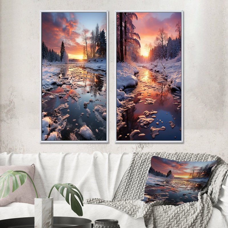 «Winter Sunset Snowfall», 2 pièces sur toile, Cadre blanc, H 20 po x l 24 po