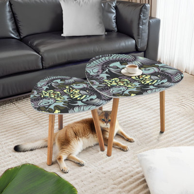 Triangle Nesting Coffee Table Set of 2 Japanese style seamless color carps peonies waves Ideal for End Table Modern Minimalist Side Table Set for Living Room Bedroom