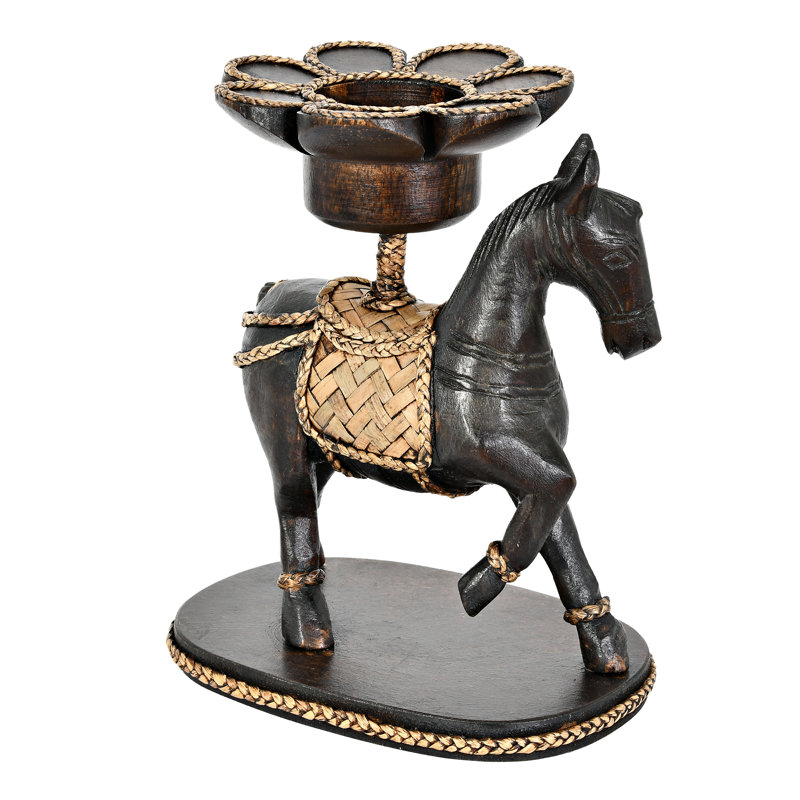 Porte-bougie en bois sculpté majestueux avec cheval cabré et lotus