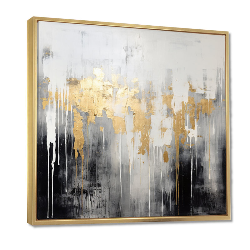 «Dripping Gold White Gray Black Gold - Abstract», reproduction d'art murale, Cadre flottant doré, H 30 po x l 30 po
