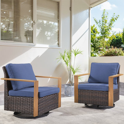 Drazen Outdoor Wicker Swivel Glider Chairs With Cushions & Unique Wood-Grain Armrests
