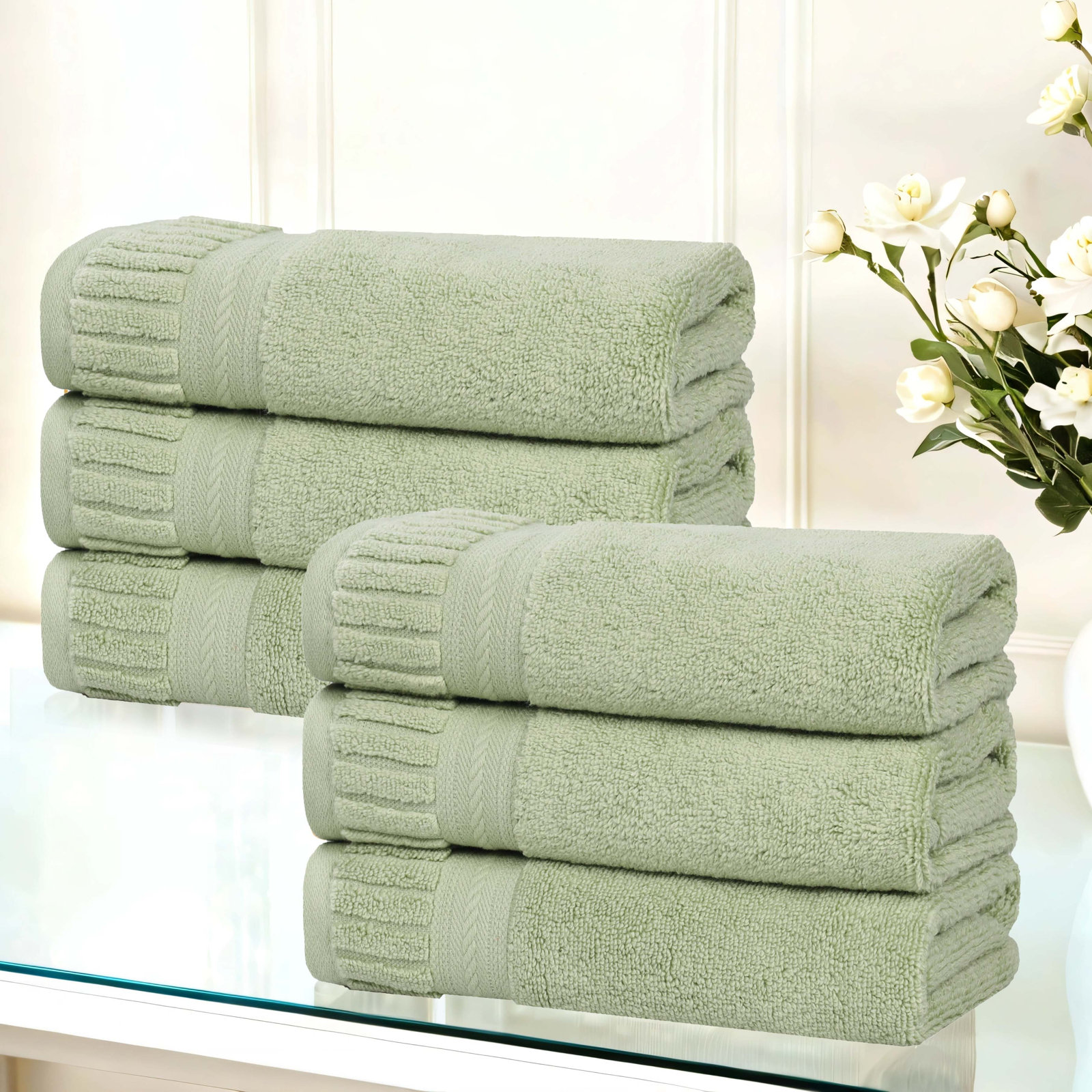 Zero-Twist Cotton Towel Set, Green, Hand Towels - 6 Pack