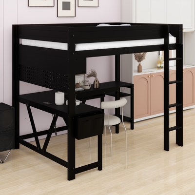 Gaming Loft Bed with Desk, Storage Shelves, LED Lights, and Charging Station