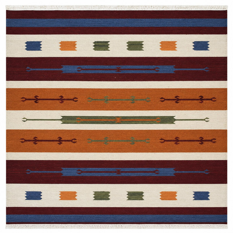 Tapis Clare tissé à plat en laine Kilim écologique - 244 x 244 cm, carré, multicolore, design moderne et contemporain, tapis à poils courts faits main pour salon et chambre.