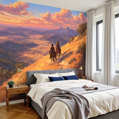 Peel and Stick Wallpaper 96" x 69" Modern Self Adhesive Wall Mural for Bedroom Vintage Western Sunset Mid Century Landscape Cowboy Horse Riders