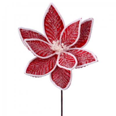 Fleur artificielle rouge givrée avec bordure de tuyau blanche