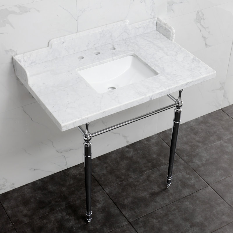 Kingston Brass Habsburg 36-Inch Carrara Marble Console Sink with Brass Legs (8-Inch, 3-Hole), Marble White/Polished Chrome