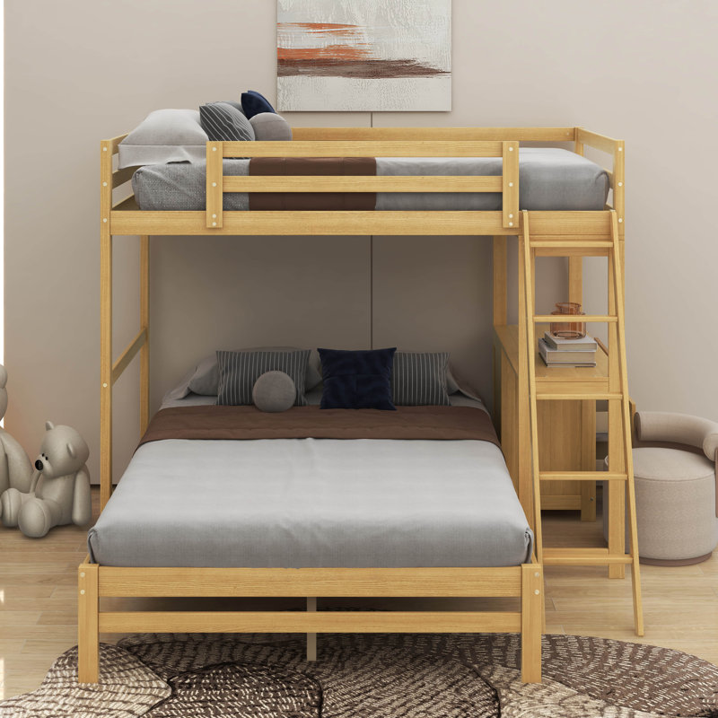Lit simple superposé au dessus d'un lit double avec bureau intégré et tiroirs, Naturel