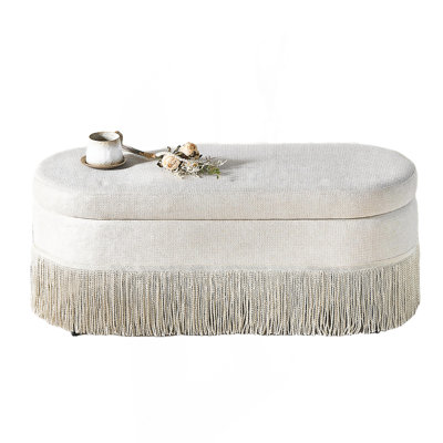 Oval Upholstered Storage Ottoman With Fringe Trim & Lift-Top Lid, Multi-Functional Footrest & Hidden Storage