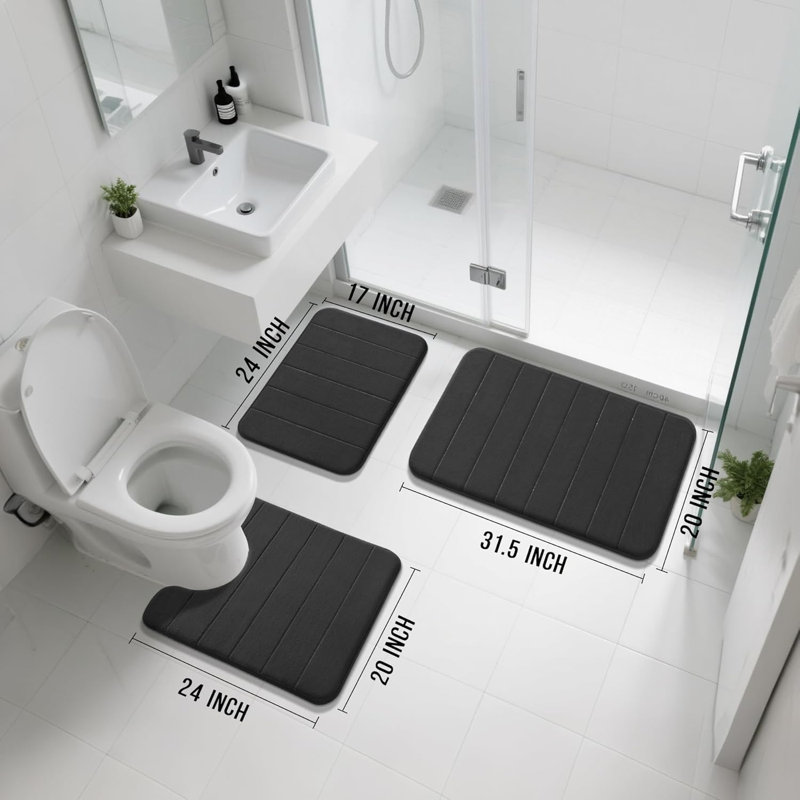 Ensemble de 3 tapis de salle de bain en mousse viscoélastique noire, tapis de toilette pour salle de bain à séchage rapide absorbant et antidérapant extra doux