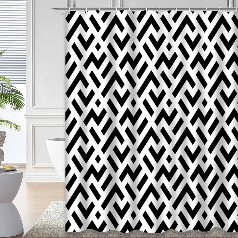 Waterproof Black White Abstract Geo Square Shower Curtain with 12 Hooks, 72" L x 78" W
