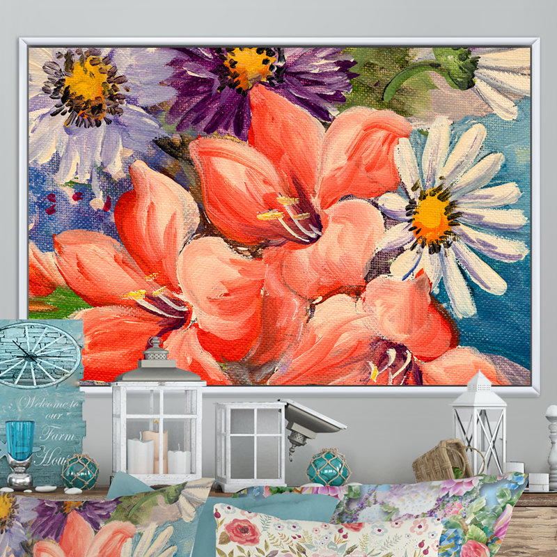 Bouquet rétro de fleurs sauvages - œuvres d'art sur toile traditionnelles, H 16 po x l 32 po x P 1,5 po
