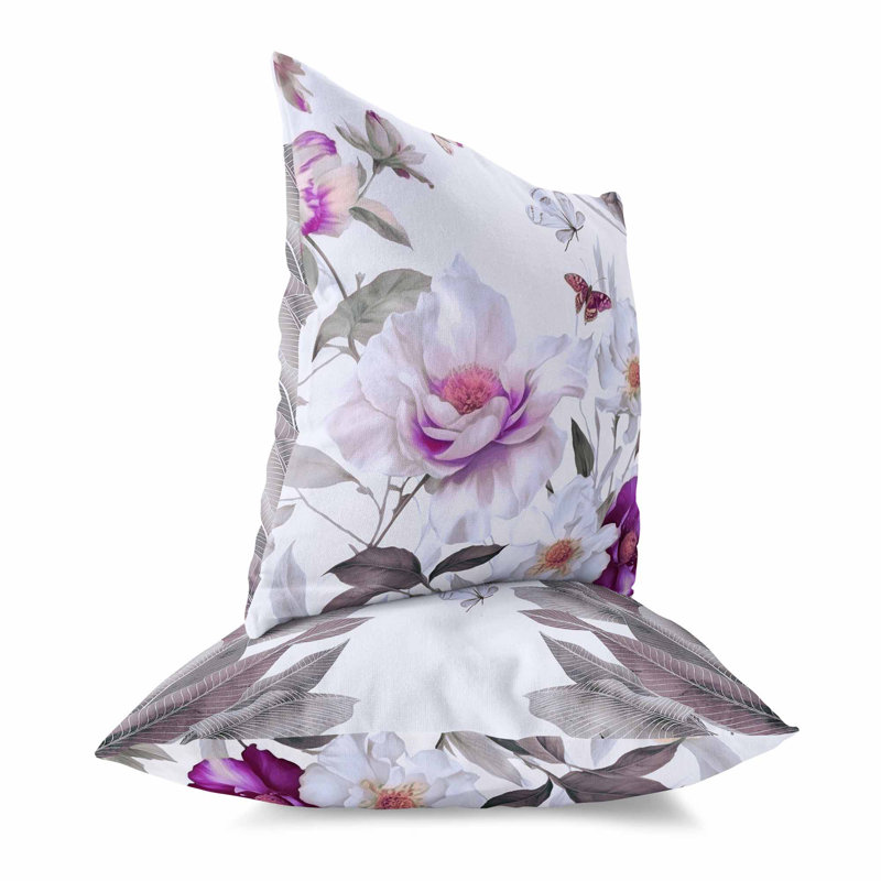 Coussin décoratif réversible Leafy Lepidoptera Medley, H 16 po x l 16 po, Blanc / Mauve
