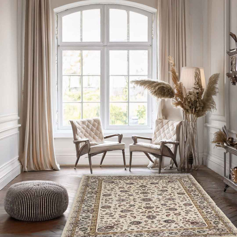 Minyatur Cream Medallion Area Rug – 100% Viscose, Low-Pile Woven Traditional Carpet for Living Room, Bedroom & Hallway