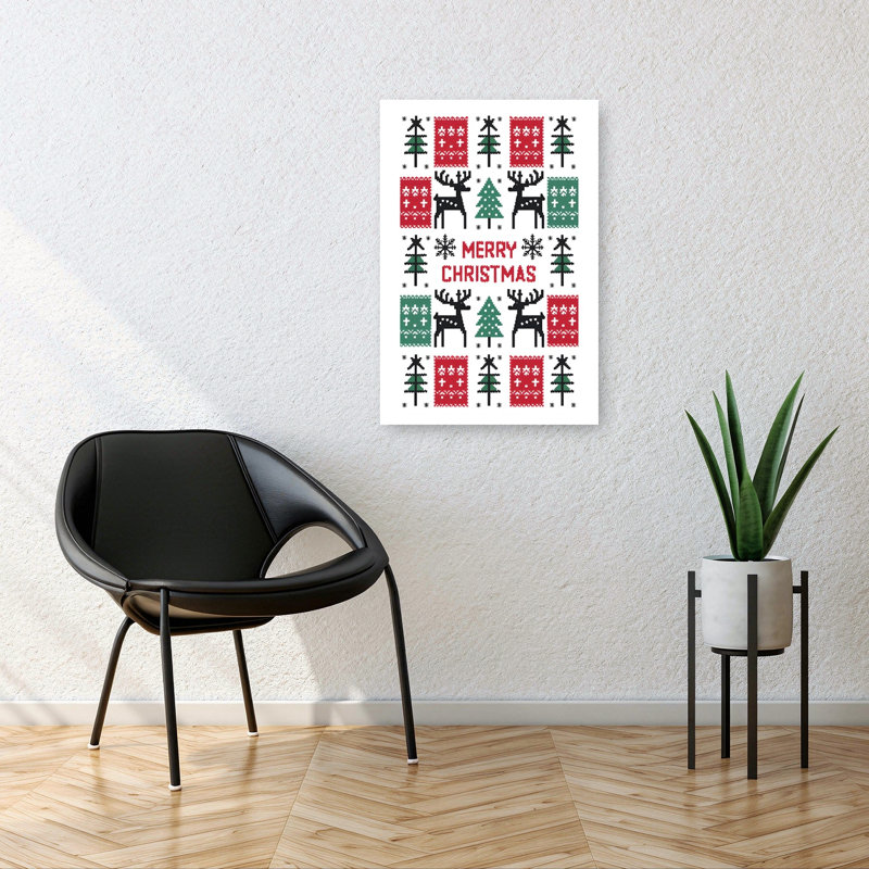 Merry Christmas Pixel Pattern Retro Abstract Christmas Tree Deer Winter Landscape Wall Art Print 1 Piece Wrapped Canvas Wall Art