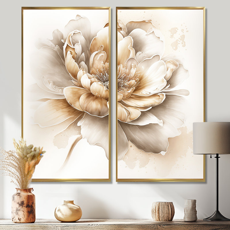 Indigold fleur beige V - art mural traditionnel beige 2 pièces, H 20 po x l 24 po, Impression encadrée flottante, Doré