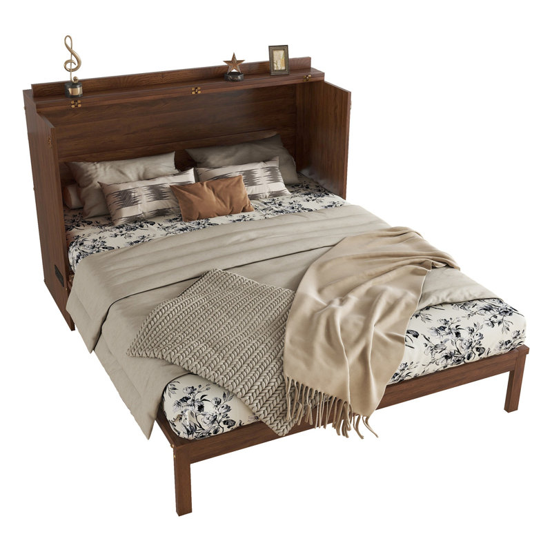Queen Size Murphy Bed, Pine Wood Cabinet Bed With Power Station And Rattan Decoration Panel,Walnut, Walnut