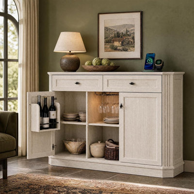 Wine Bar Cabinet with LED Lights and Power Outlets, Coffee Bar Cabinet with Drawers and Storage, Liquor Cabinet and Sideboard for Home Bar, Kitchen and Living Room