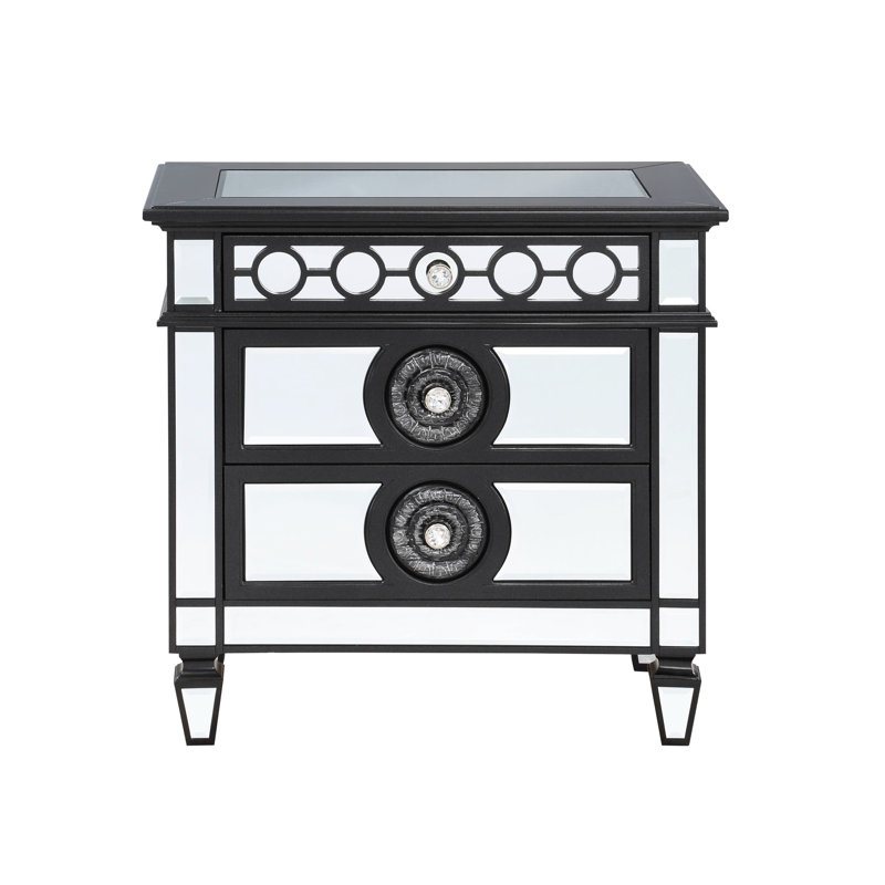 Table de chevet à miroir avec 2, noir et argent, mettant en valeur une garniture géométrique distinctive et une table de chevet, dépliant