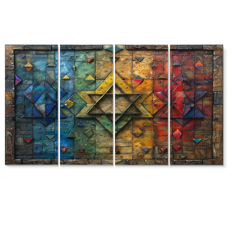 «Colorful Colorful Retro Hexagram Rainbow Geometrics», art mural abstrait sur toile, 4 pièces, H 28 po x l 48 po