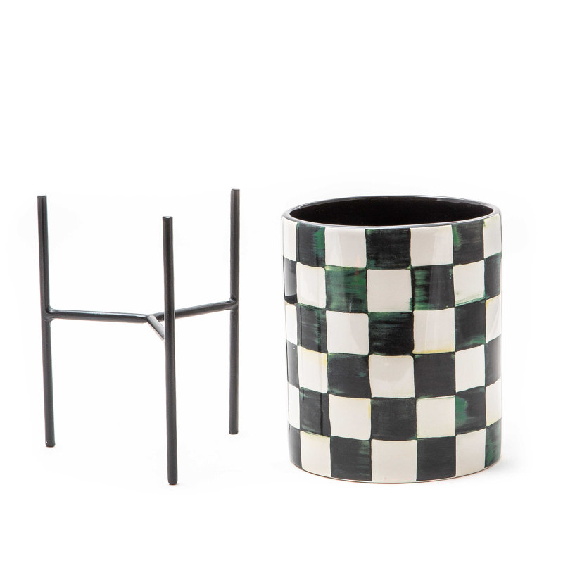 Black and White Ceramic Planter with Metal Stand