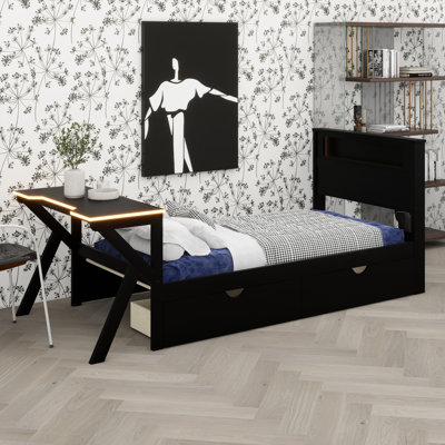 Wooden Gaming Platform Bed With LED Headboard