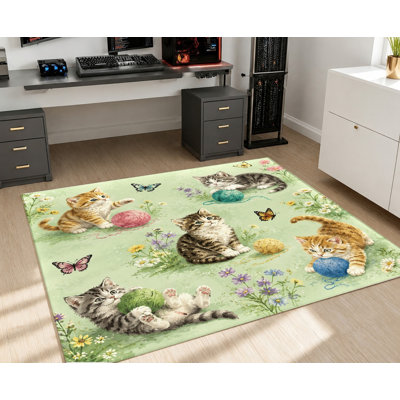 Tapis à motif de chat mignon, chatons, papillons et fleurs fantaisistes et joueurs, tapis artistique facile d'entretien pour l'intérieur du salon, de la chambre, de la salle de jeux, du dortoir ou d'un appartement.