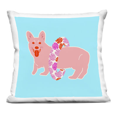 Corgi at Beach Pink Decorative Printed Throw Pillow, design by Dina Riddle