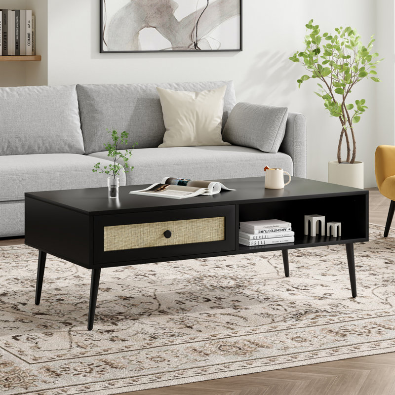 Table basse de style Mid-Century moderne, console rectangulaire de 47 pouces avec tiroir et tablette, table basse en bois pour le salon, bureau, noir