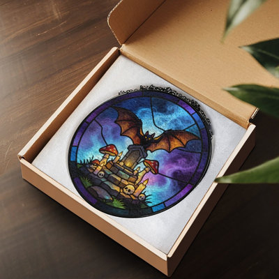 Bat On Tombstone With Mushrooms And Candles Stained Glass Panels Suncatcher for Window Decor