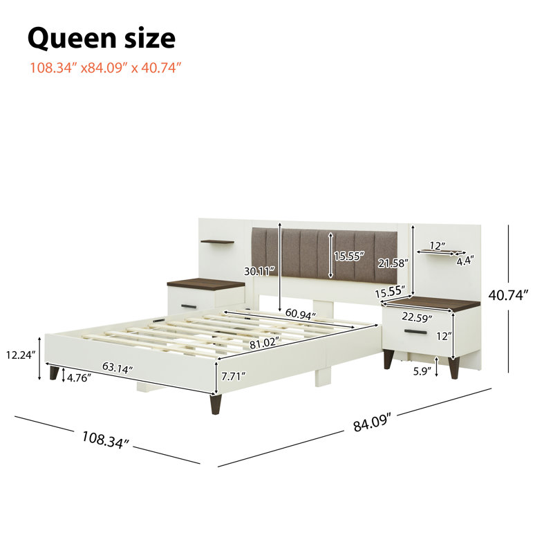 Eddie Wooden Bed With 2 Nightstands & Upholstered Headboard, Queen