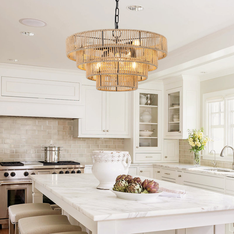 Luminaire suspendu en rotin tissé à la main à 6 lumières 4 grandes lumières de style bohème minimaliste transitionnel rond pour îlot de cuisine, couloir de salon de 20 po de diamètre