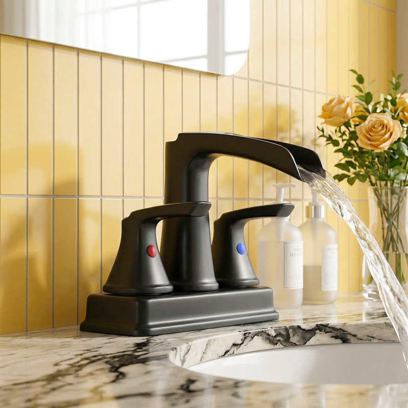 Widespread Bathroom Faucet 3-Hole, 2-Handle Waterfall Sink Faucet With 360° Swivel Spout And Drain Assembly, Matte Black