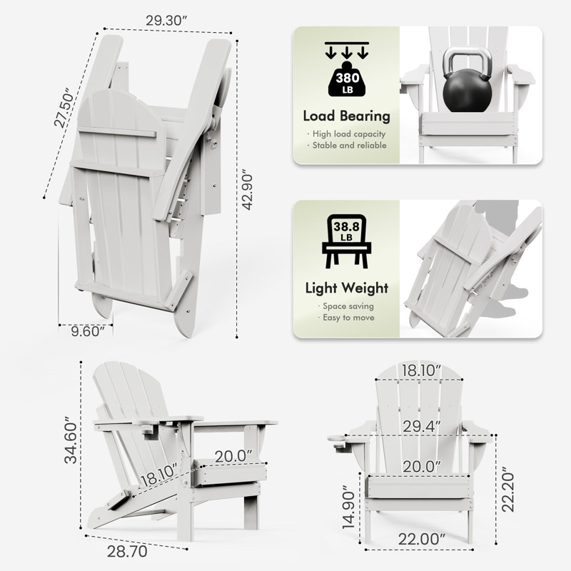 HDPE Outdoor Foldable Adirondack Chair Set Fire Pit Chair, White