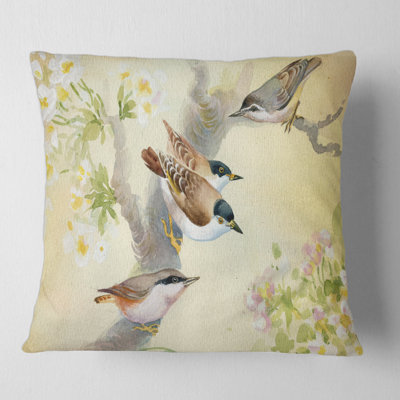 Birds on a Blossoming Apple Tree Square Pillow Cover & Insert