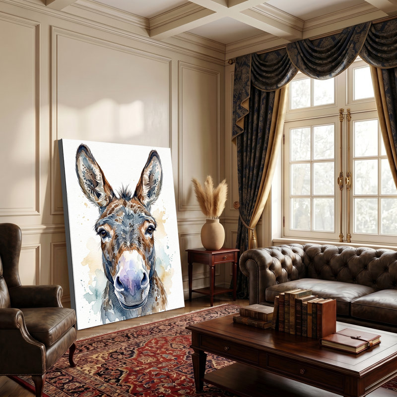 «Whimsical Watercolor Donkey Portrait», reproduction d'impression sur toile tendue, 24x36inch
