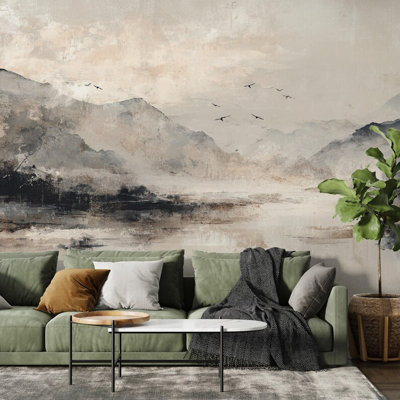 Abstract Neutral Mountain Lake Landscape Wall Mural