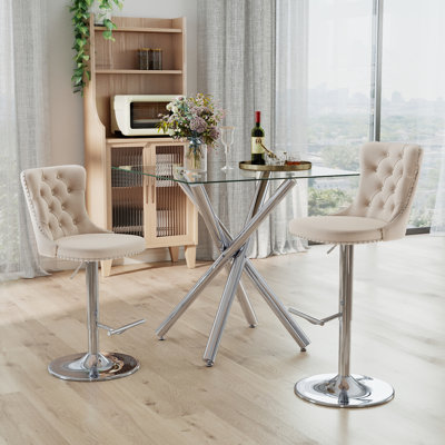 Ensemble de table de bar moderne 3/5-pièces avec plateau en verre trempé et base en métal robuste, tabourets de bar pivotants en velours à hauteur réglable, pour la cuisine, la salle à manger et les espaces de divertissement