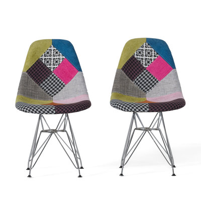 Patchwork Accent Chair Bohemian Style Fabric‎ Chair With Chromed Legs Geometric Pattern Chair,  Set Of 2