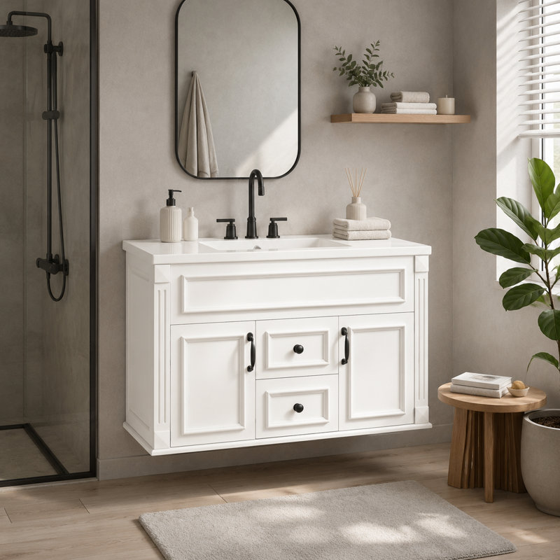 Ivory White Freestanding Bathroom Vanity with Complete Storage System
